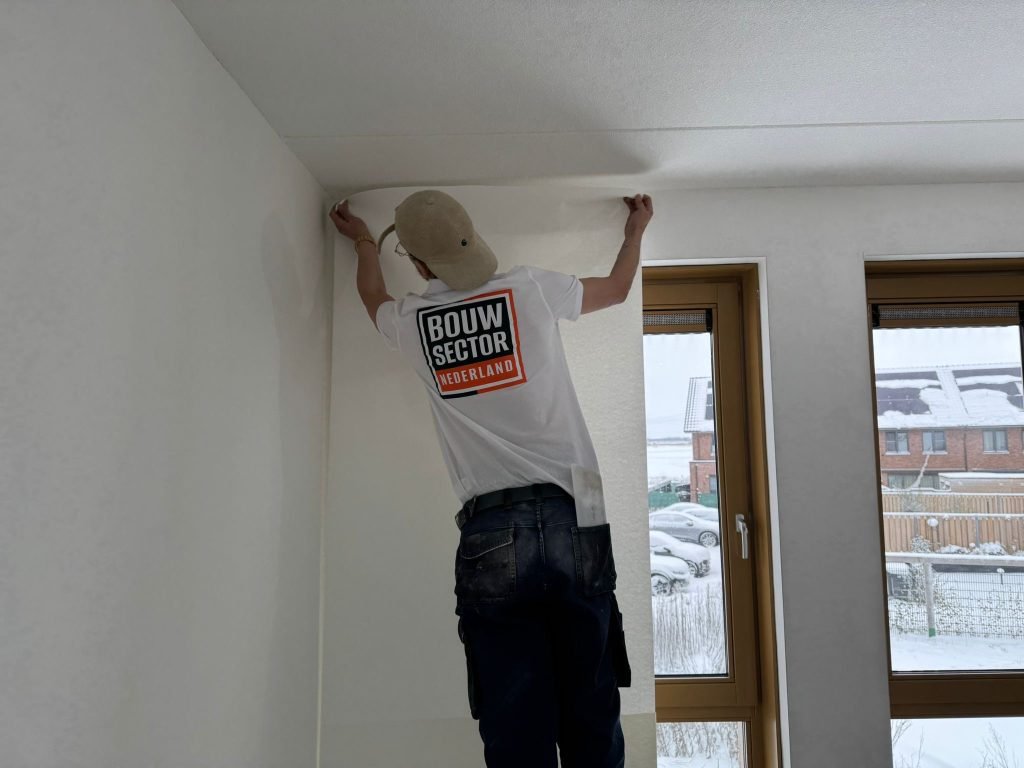 Behanger zet een baan vlies bovenaan tegen het plafond vast in een slaapkamer met twee ramen